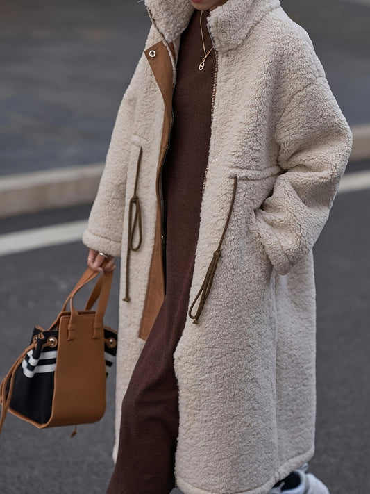 Plus Size Drawstring Zip Up Turtleneck Sherpa Coat-Angel Casuals