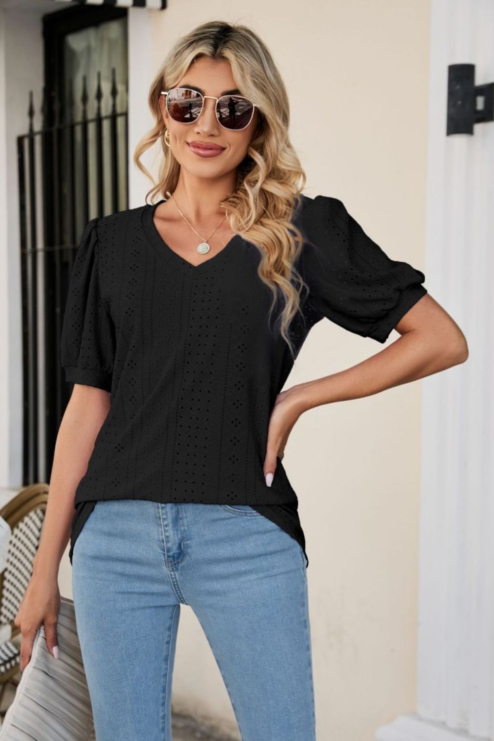 Eyelet Puff Sleeve V-Neck Top-Angel Casuals