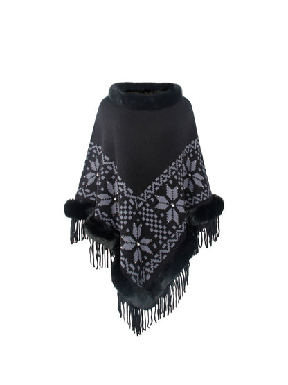 Fringe Geometric Cape Sleeve Poncho-Angel Casuals