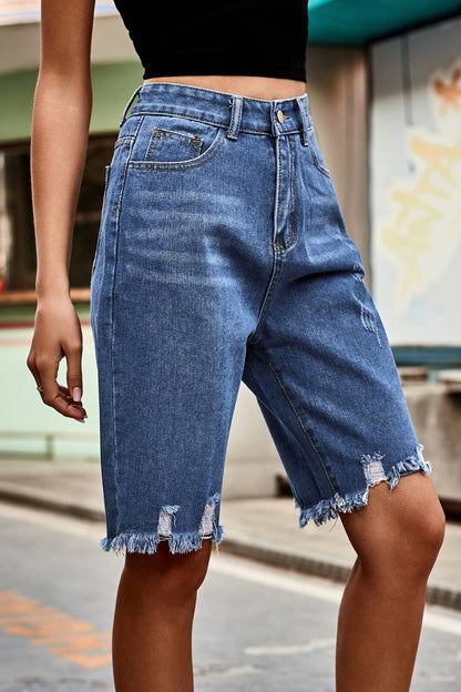 Raw Hem High Waist Denim Shorts with Pockets-Angel Casuals