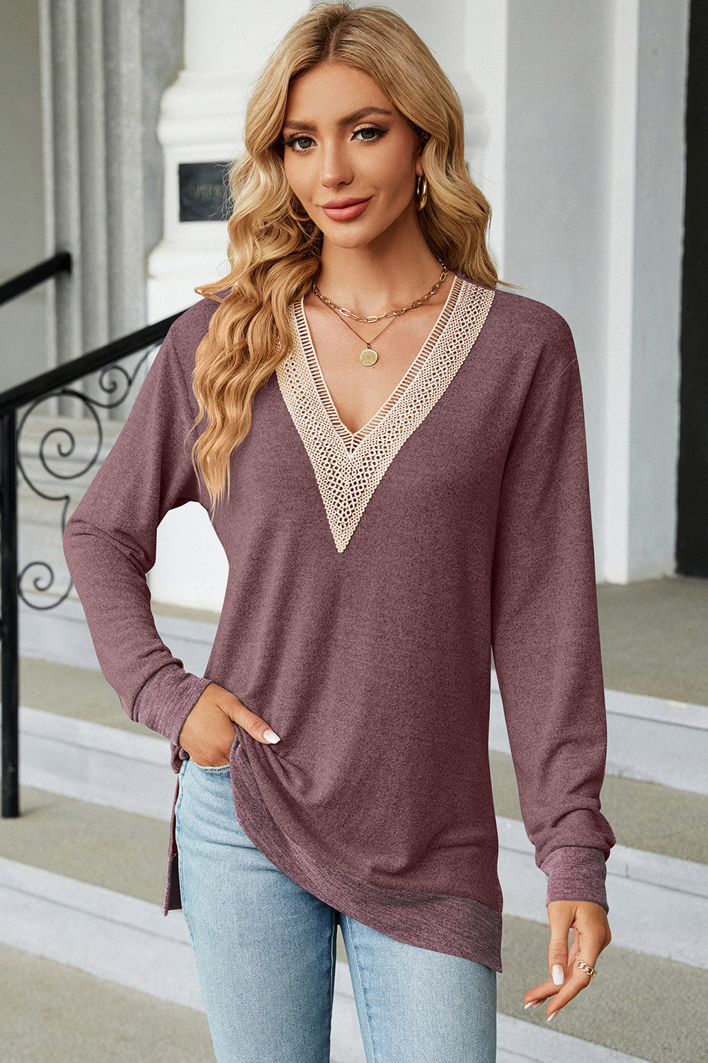 Slit V-Neck Long Sleeve T-Shirt-Angel Casuals