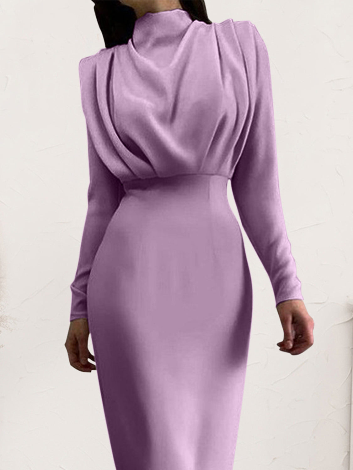 Ruched Turtleneck Long Sleeve Dress-Angel Casuals