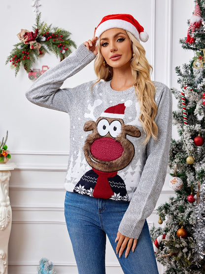 Reindeer Round Neck Long Sleeve Sweater-Angel Casuals