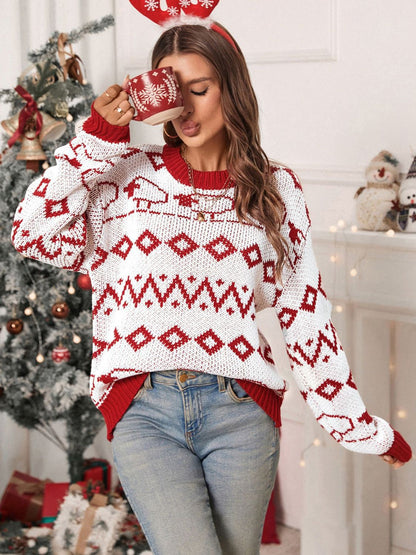 Perfee Contrast Geometric Round Neck Long Sleeve Sweater-Angel Casuals