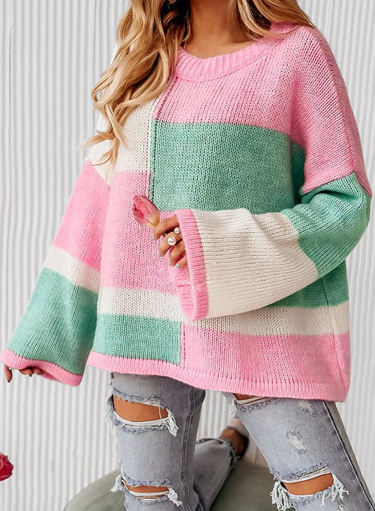 Color Block Round Neck Drop Shoulder Sweater-Angel Casuals