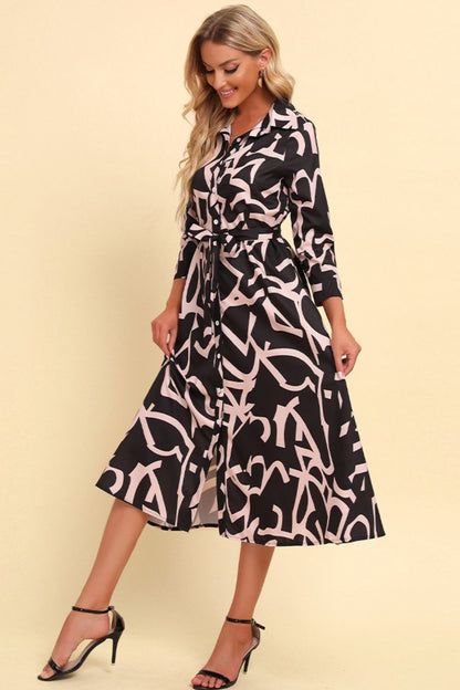 Printed Button Front Belted Midi Dress-Angel Casuals