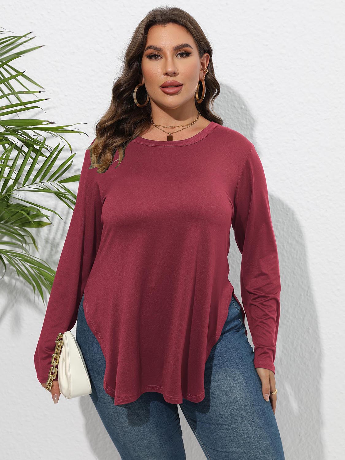 Plus Size Round Neck Long Sleeve Slit T-Shirt-Angel Casuals