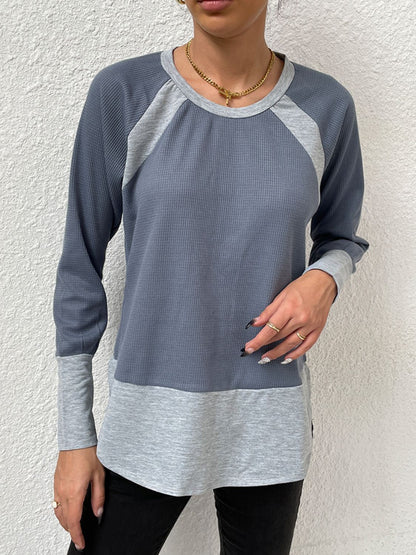 Waffle-Knit Round Neck Raglan Sleeve Tee-Angel Casuals