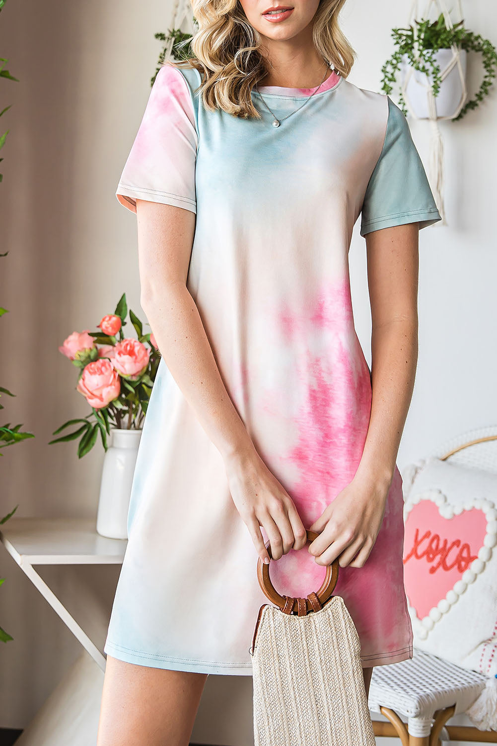 Tie-Dye Round Neck Short Sleeve Slit Dress-Angel Casuals