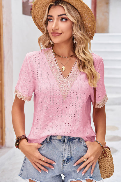 Eyelet V-Neck Short Sleeve T-Shirt-Angel Casuals
