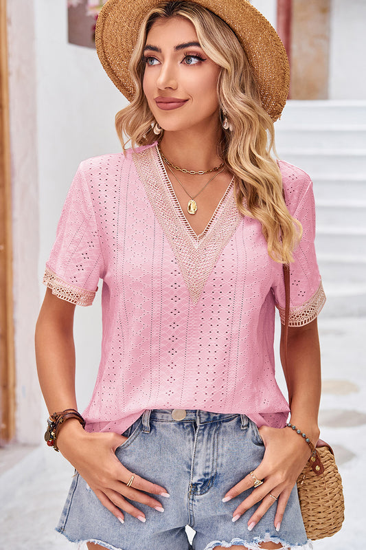 Eyelet V-Neck Short Sleeve T-Shirt-Angel Casuals