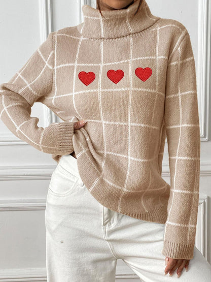 Heart Plaid Turtleneck Long Sleeve Sweater-Angel Casuals