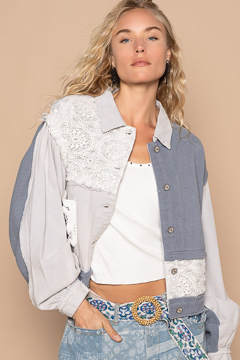 POL Crochet Patch Exposed Seam Button Up Jacket-Angel Casuals