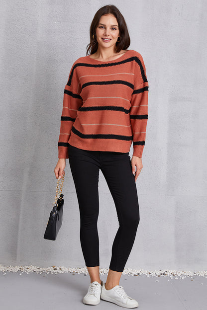 Striped Round Neck Dropped Shoulder Sweater-Angel Casuals