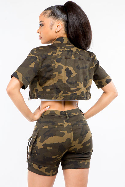 American Bazi Full Size Camouflage Short Sleeve Cropped Jacket-Angel Casuals