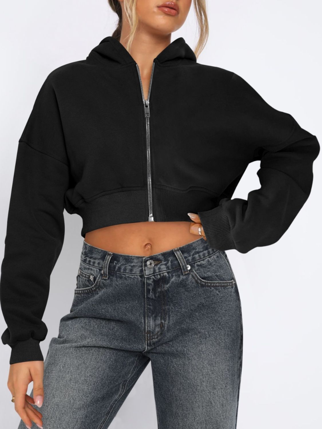 Zip Up Long Sleeve Hooded Cropped Jacket-Angel Casuals