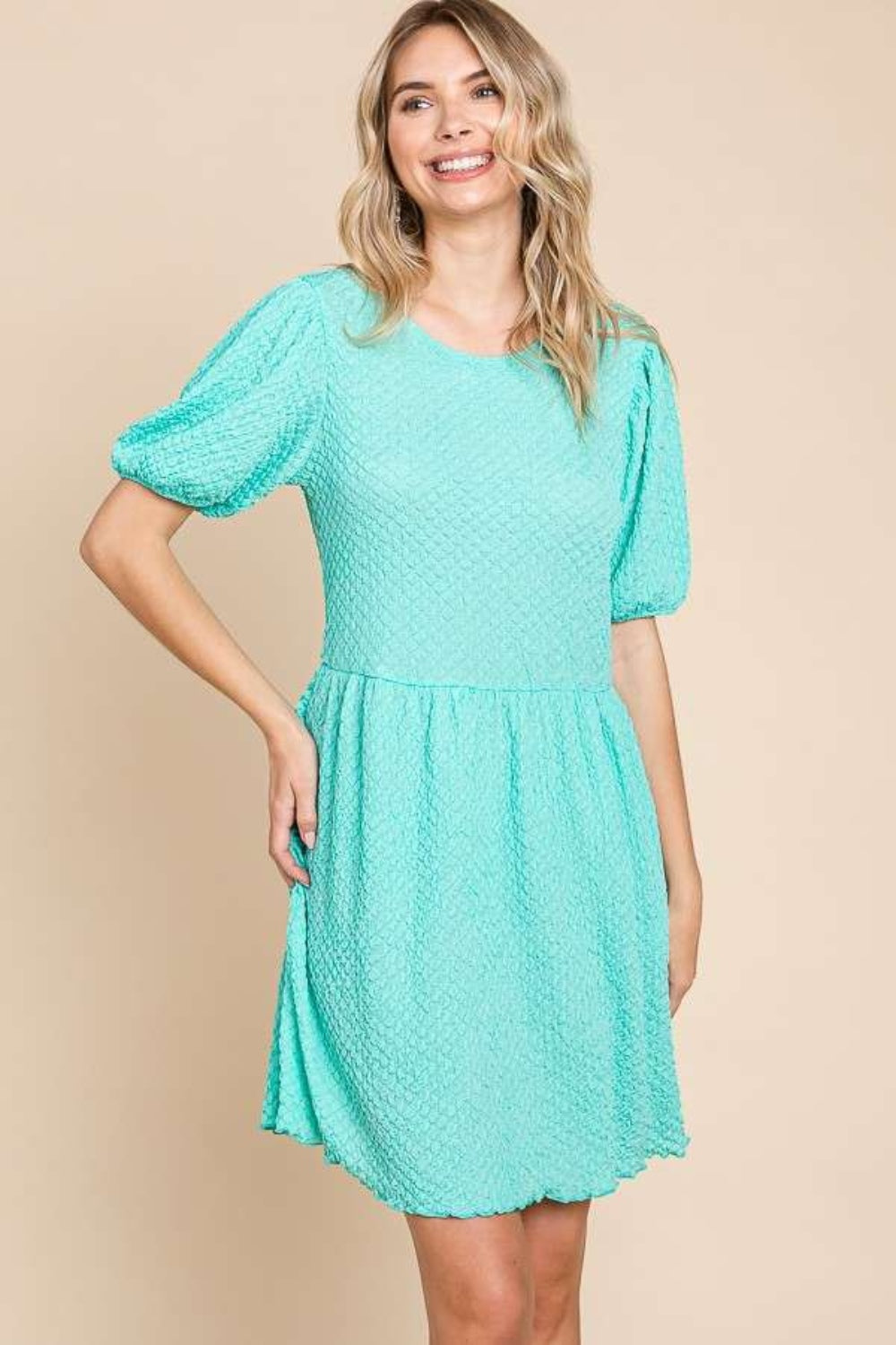 Culture Code Full Size Textured Round Neck Puff Sleeve Dress-Angel Casuals