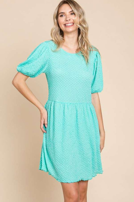 Culture Code Full Size Textured Round Neck Puff Sleeve Dress-Angel Casuals