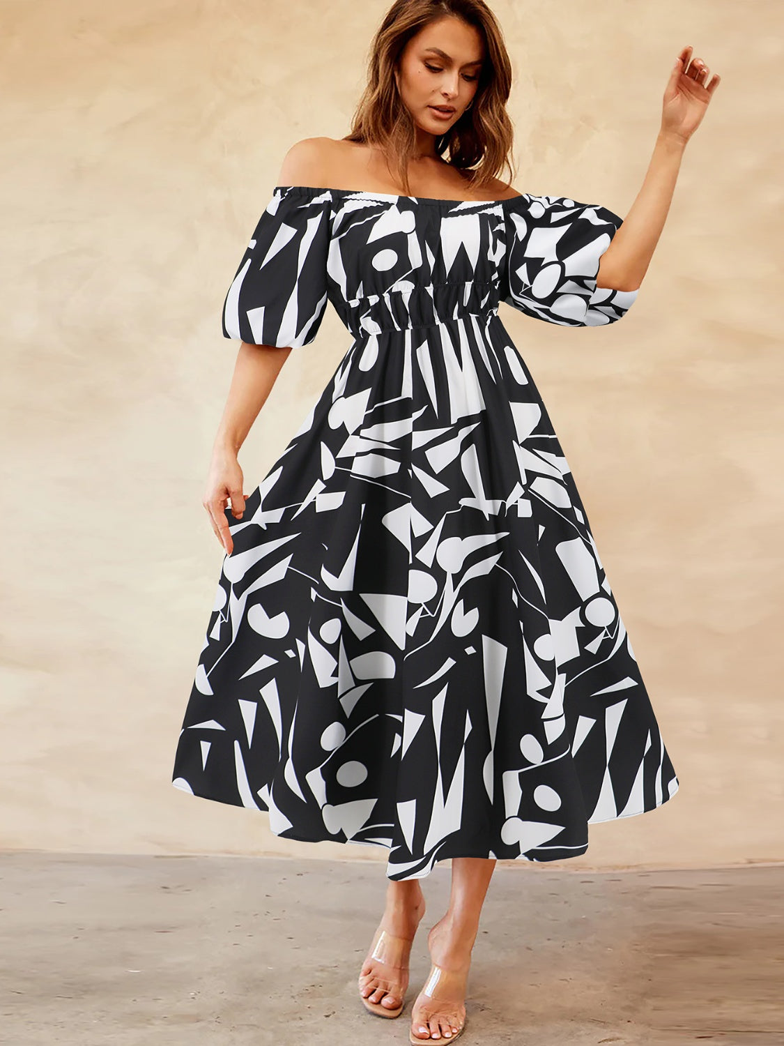 Printed Off-Shoulder Balloon Sleeve Dress-Angel Casuals