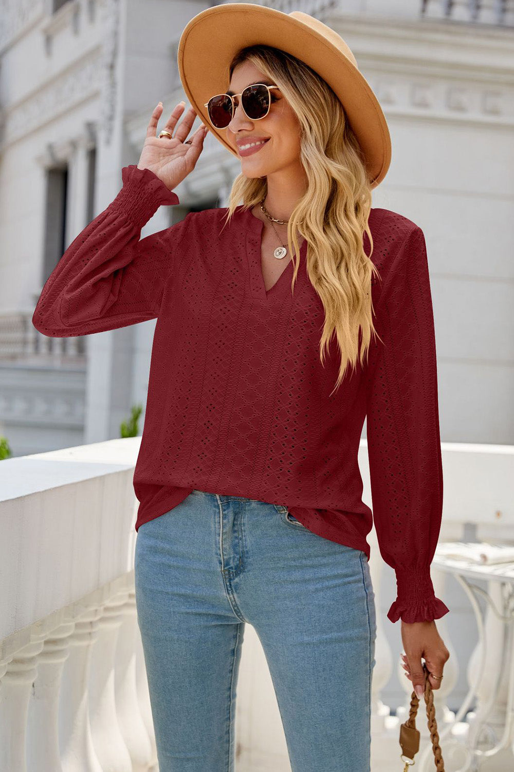 Eyelet Notched Lantern Sleeve T-Shirt-Angel Casuals