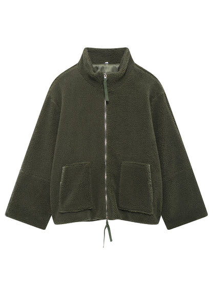 Turtleneck Zip Up Long Sleeve Plush Jacket-Angel Casuals