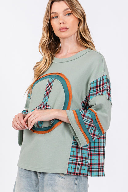 SAGE + FIG Peace Applique Patch Contrast Plaid Top-Angel Casuals