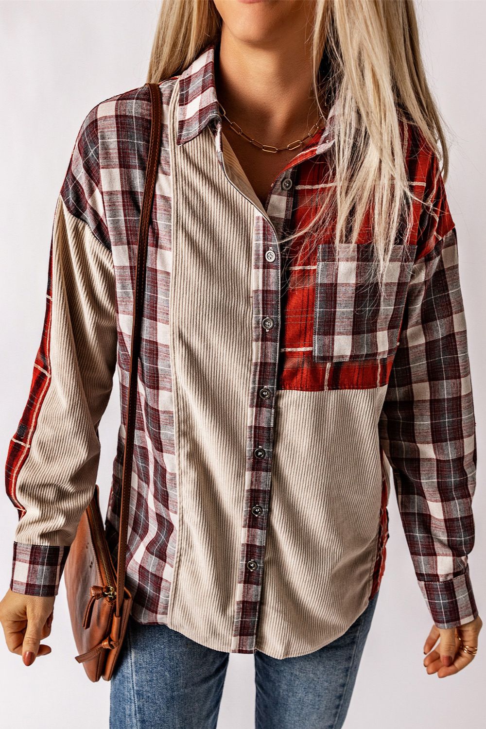 Plaid Patchwork Collared Neck Shacket-Angel Casuals