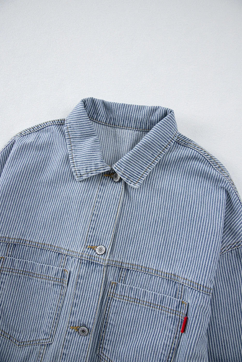 Striped Button Up Long Sleeve Denim Jacket-Angel Casuals