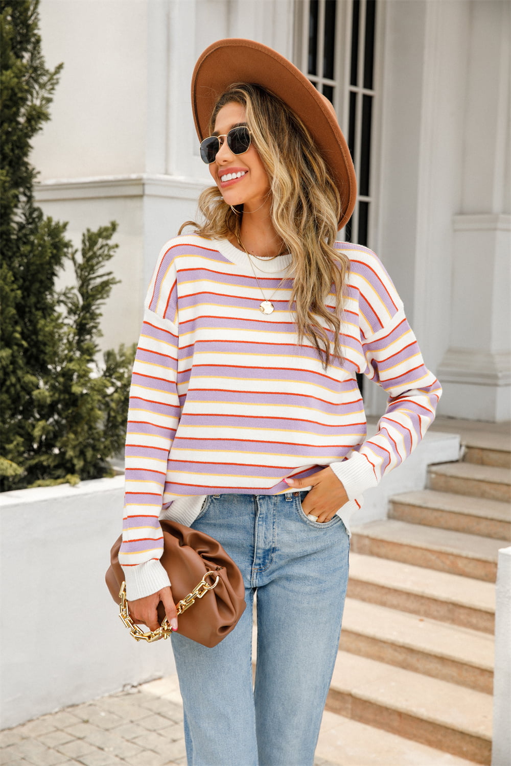 Angel Wings Striped Round Neck Dropped Shoulder Knit Top-Angel Casuals