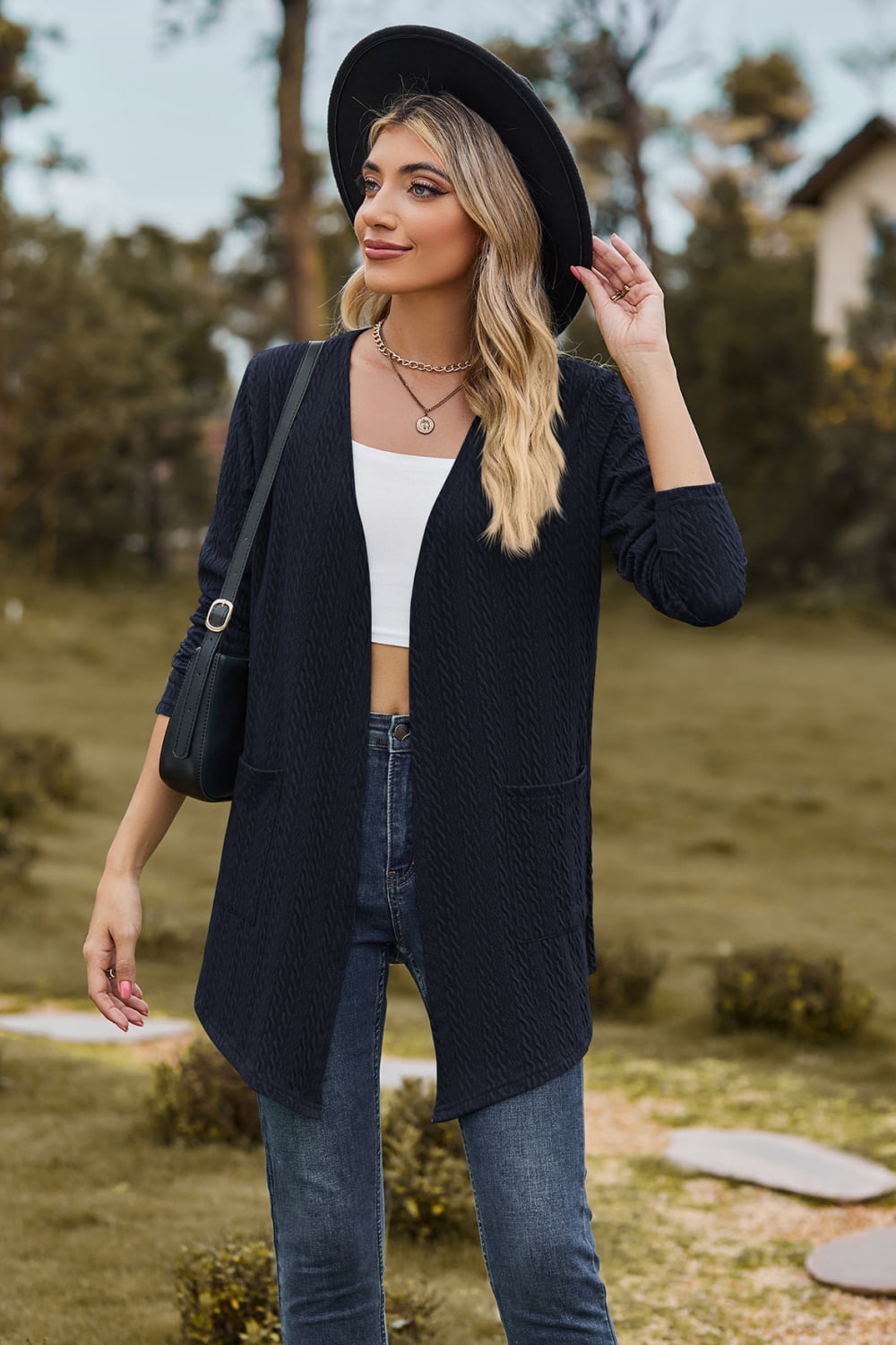 Cable-Knit Long Sleeve Cardigan with Pocket-Angel Casuals