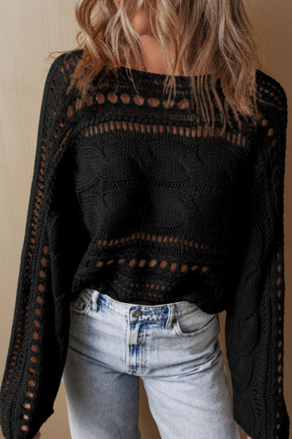 Openwork Cable Knit Long Sleeve Sweater-Angel Casuals