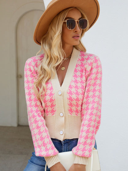 Houndstooth Button Up Long Sleeve Cardigan-Angel Casuals