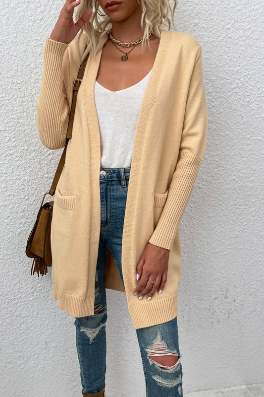 Open Front Long Sleeve Cardigan with Pockets-Angel Casuals