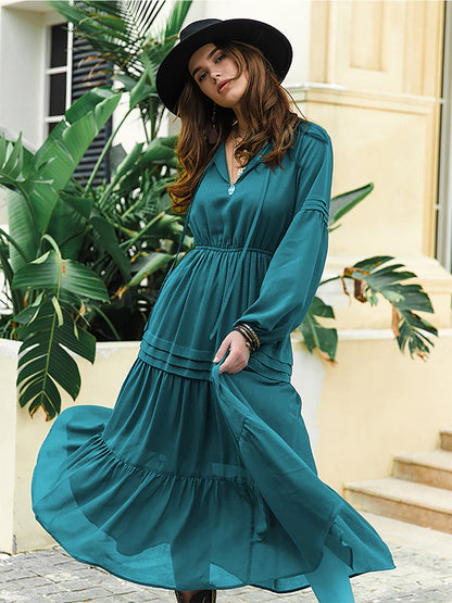 Tie Neck Long Sleeve Midi Tiered Dress-Angel Casuals