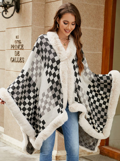 Fuzzy Checkered Long Sleeve Poncho-Angel Casuals