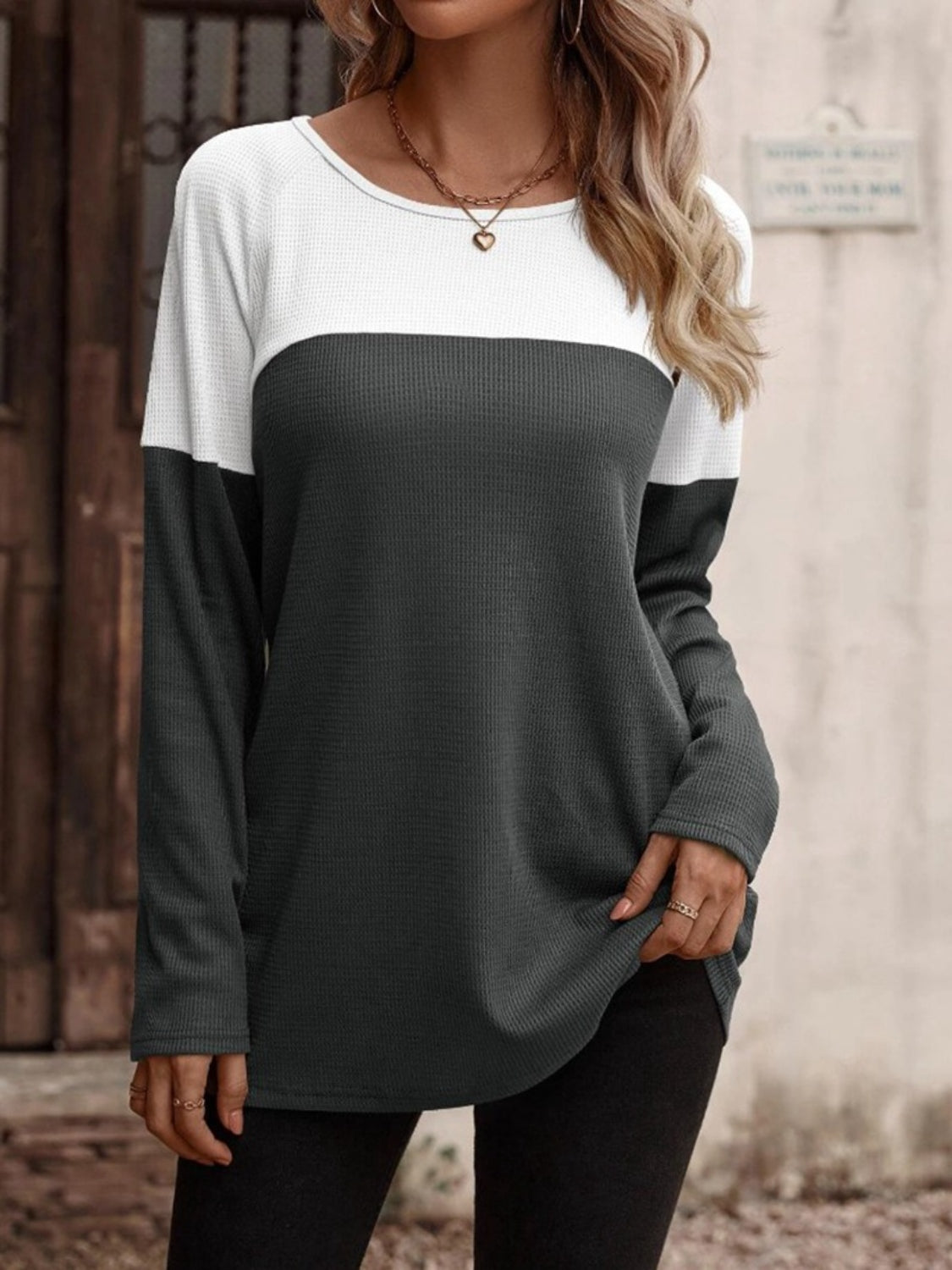 Contrast Round Neck Long Sleeve T-Shirt-Angel Casuals