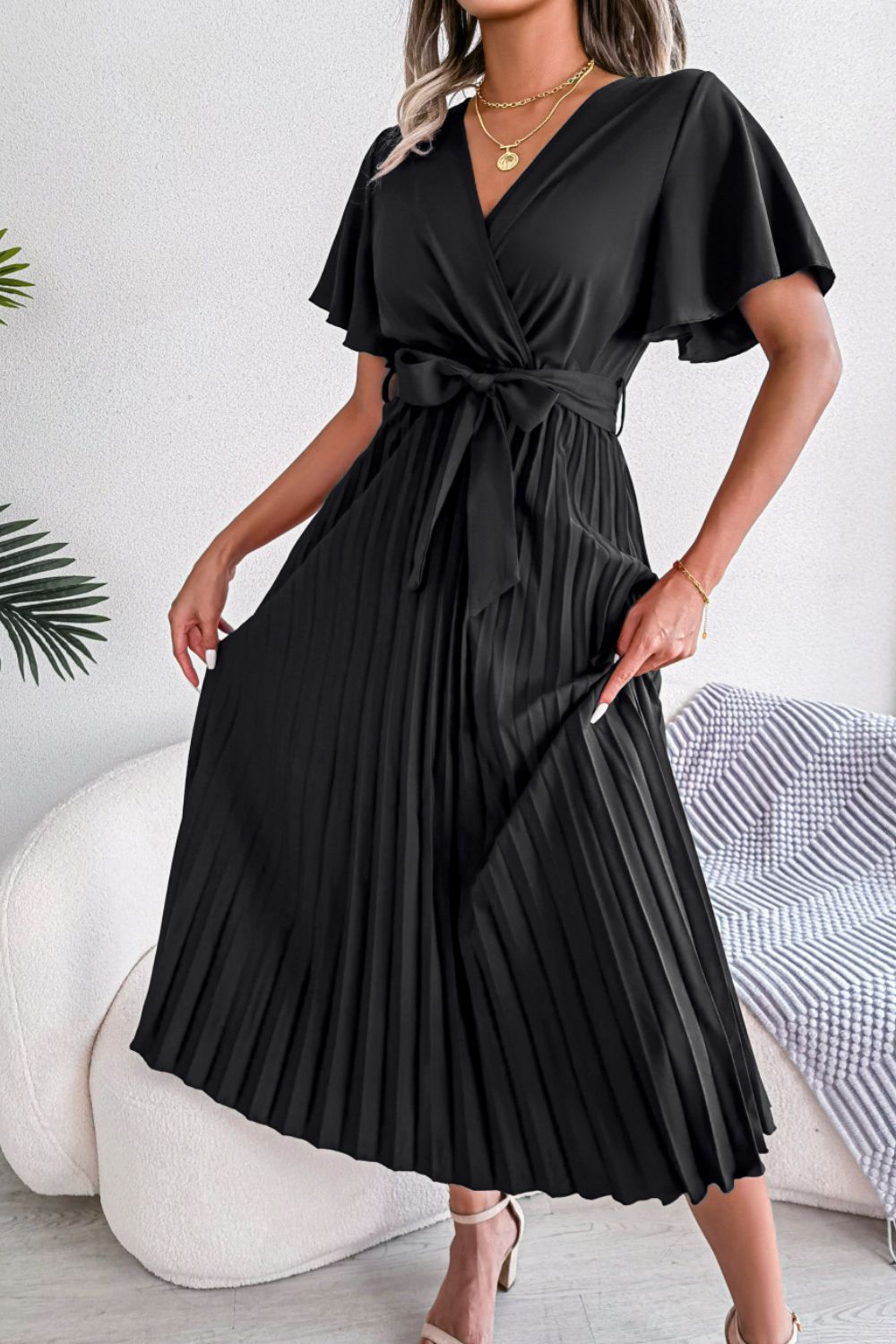 Pleated Flutter Sleeve Belted Dress-Angel Casuals