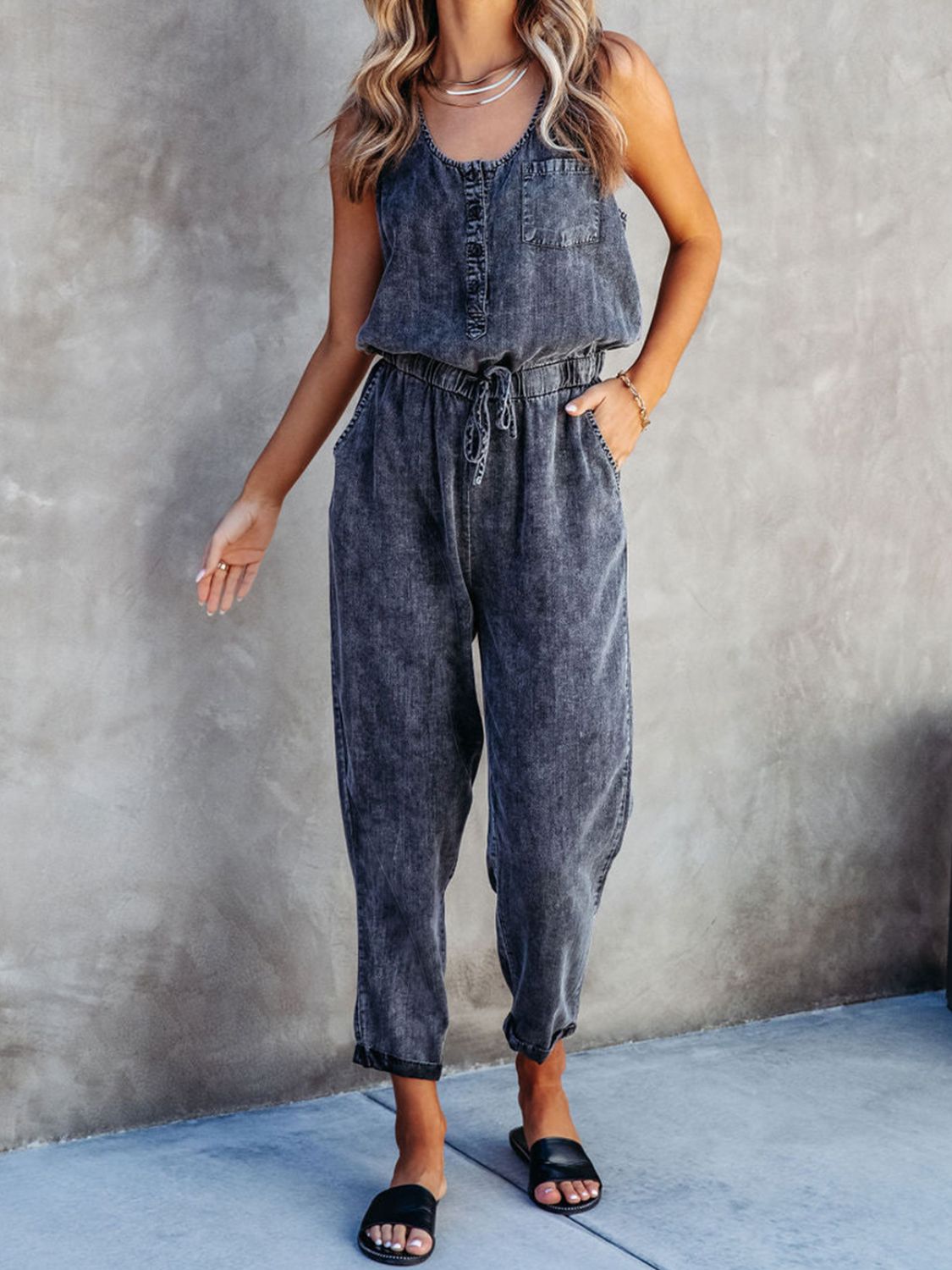 Drawstring Waist Sleeveless Jumpsuit-Angel Casuals