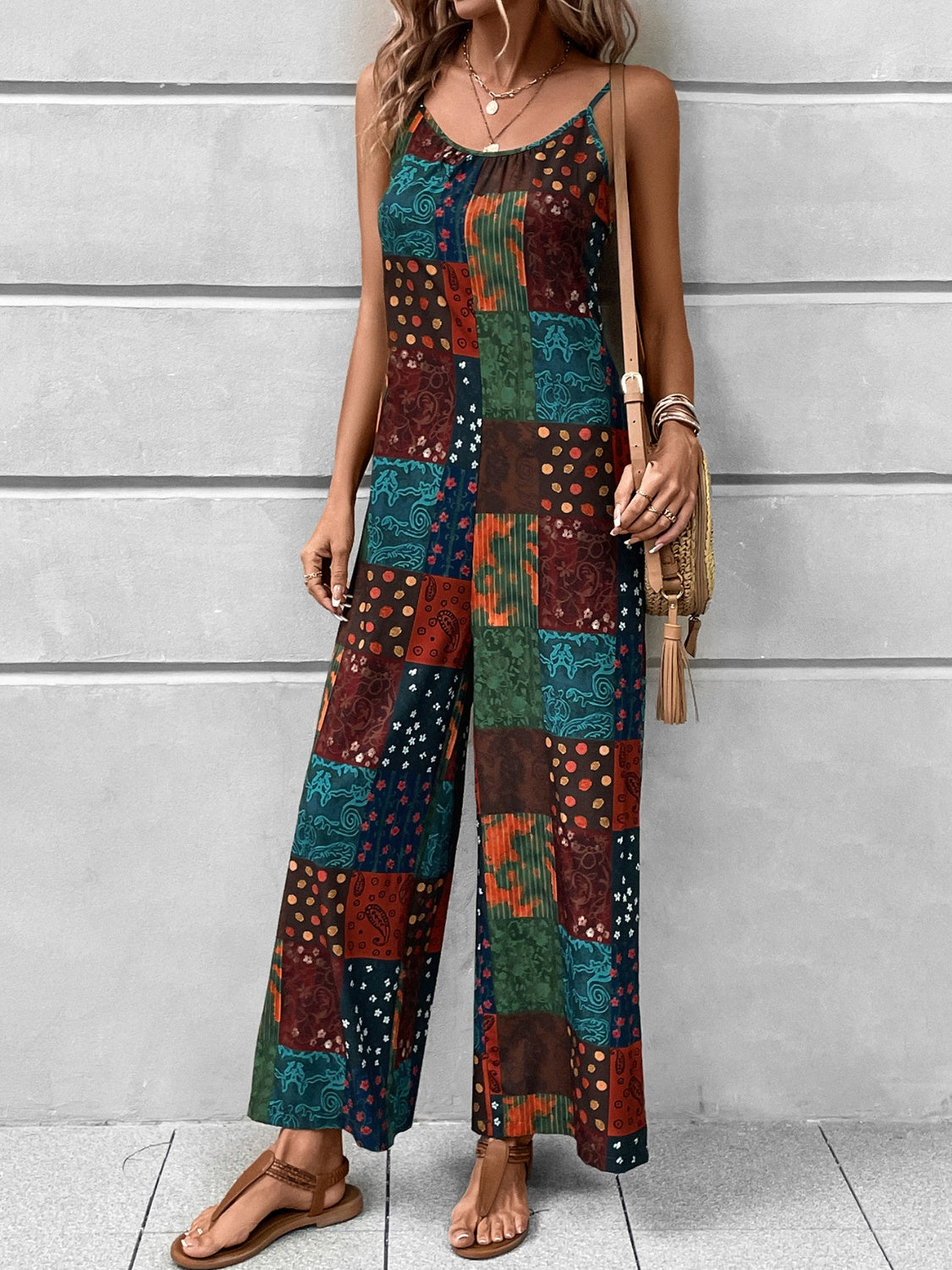 Printed Scoop Neck Spaghetti Strap Jumpsuit-Angel Casuals