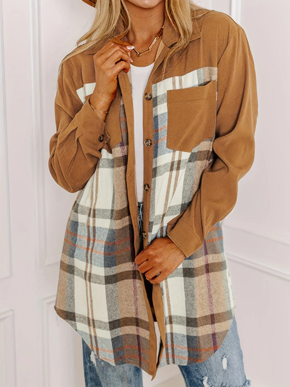 Plaid Collared Neck Long Sleeve Jacket-Angel Casuals