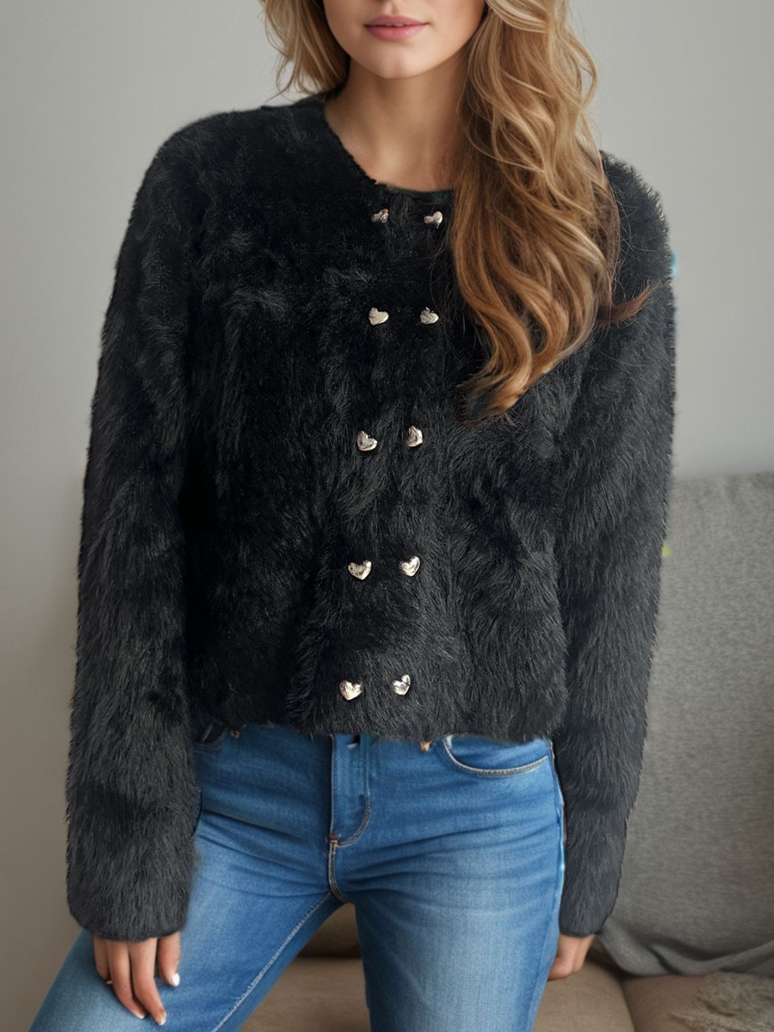 Heart Button Round Neck Cardigan-Angel Casuals