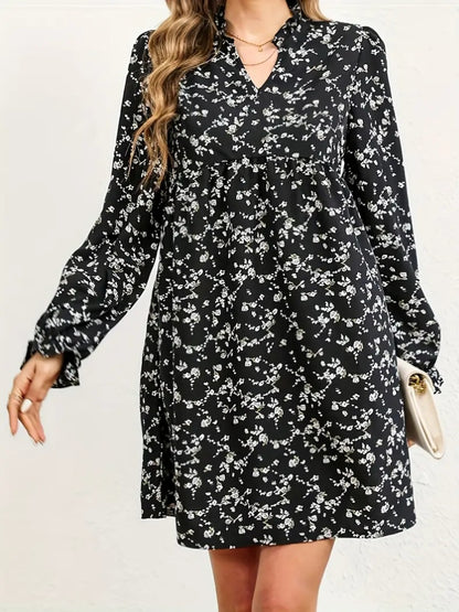 Ditsy Floral Notched Flounce Sleeve Dress-Angel Casuals