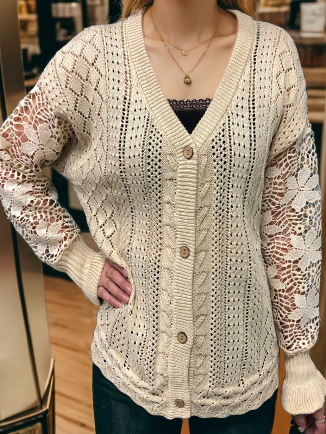 Eyelet Button Up Lantern Sleeve Cardigan-Angel Casuals