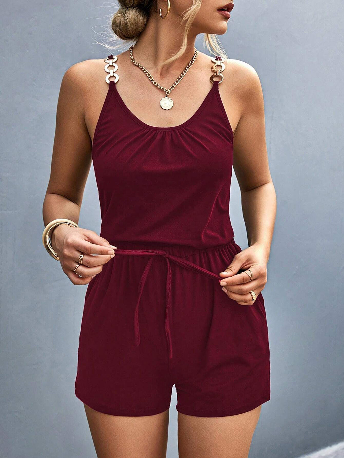 Pocketed Buckle Trim Scoop Neck Romper-Angel Casuals