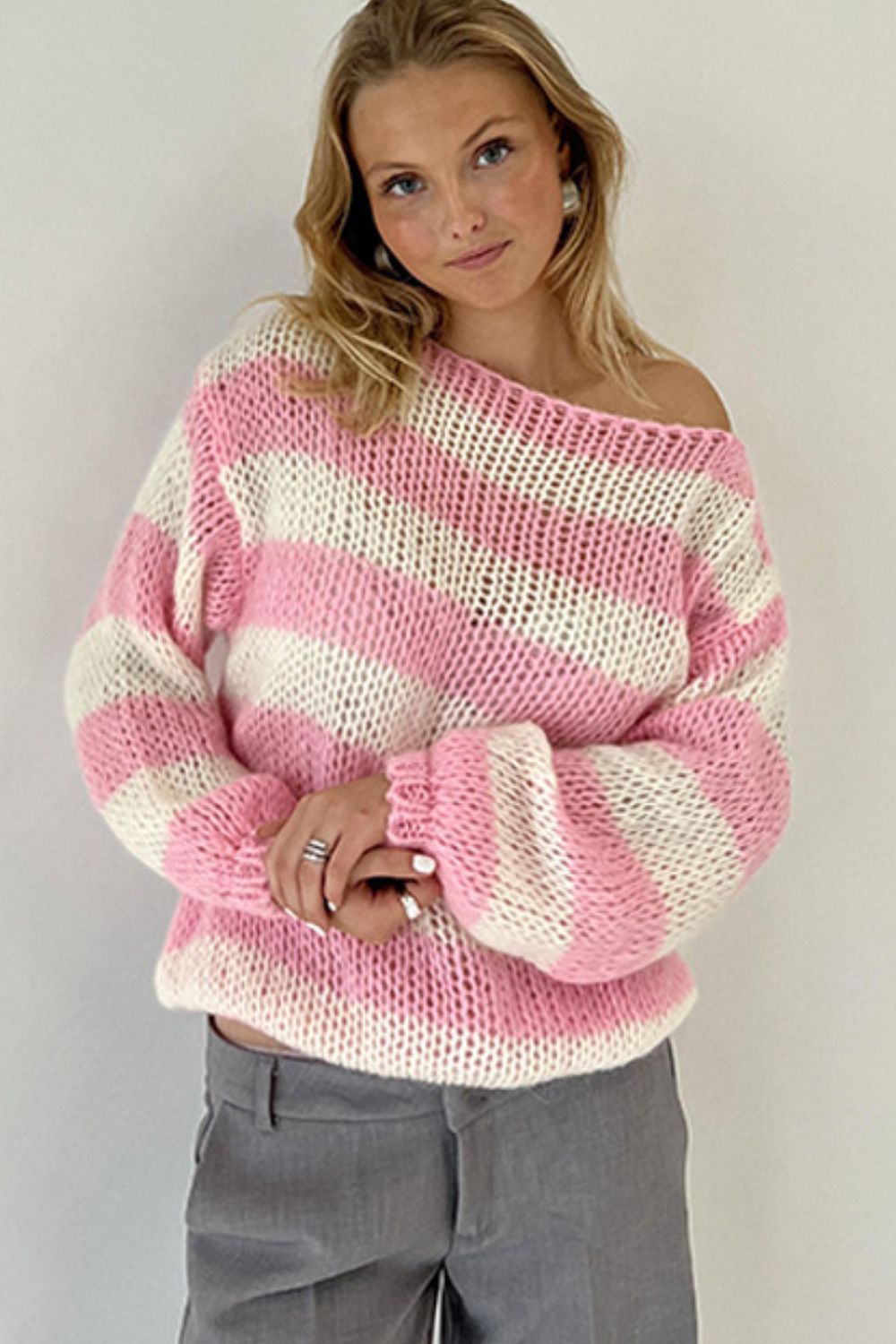 Contrast Striped Boat Neck Long Sleeve Sweater-Angel Casuals