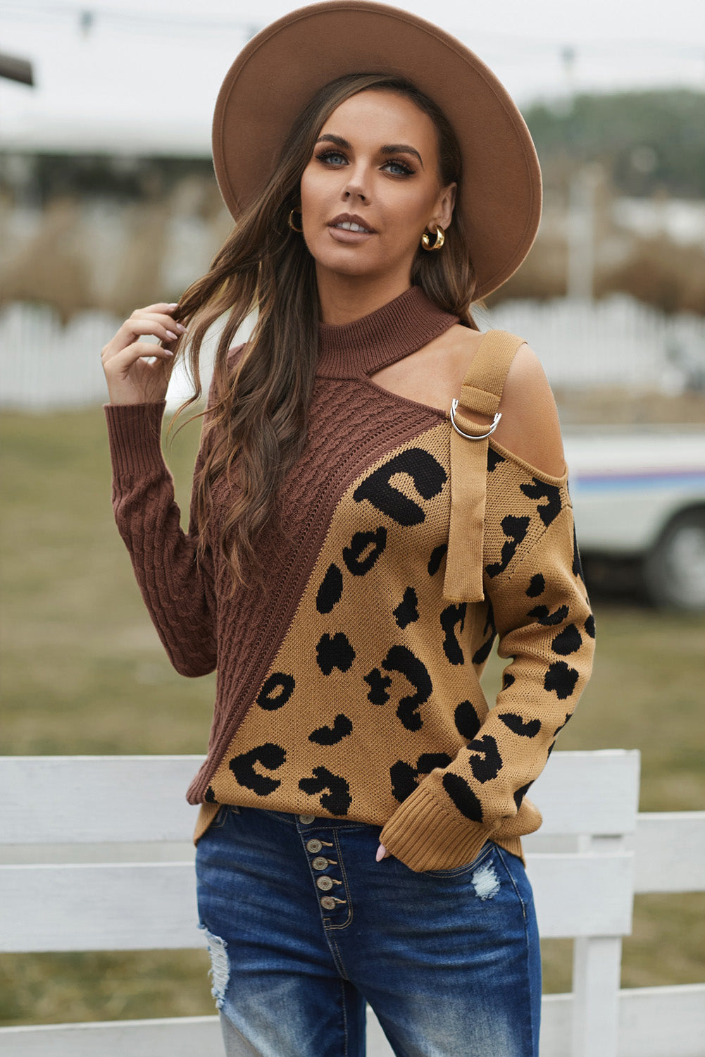 Leopard Block Turtleneck Sweater-Angel Casuals