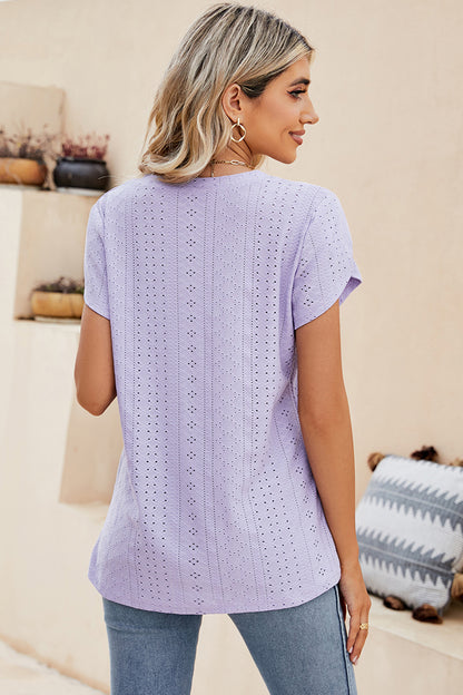 Eyelet V-Neck Petal Sleeve T-Shirt-Angel Casuals