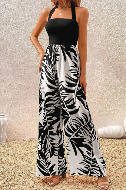 Printed Halter Wide Leg Jumpsuit-Angel Casuals