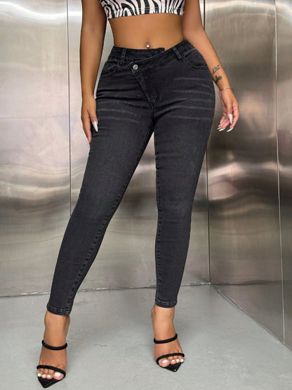 Asymmetric Waist Jeans with Pockets-Angel Casuals