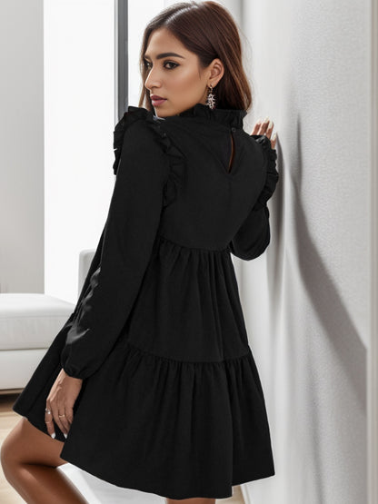 Ruffled V-Neck Long Sleeve Mini Dress-Angel Casuals